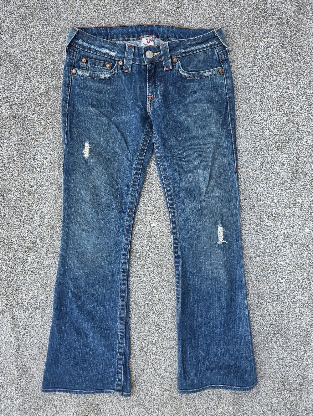True Religion Bobby Flare Jeans Size 28 Y2K Distressed Low Rise Blue Denim
